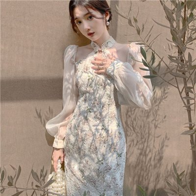 韓国ワンピース❤レトロな花柄×パールが上品な可愛い韓国ロングワンピース 964523