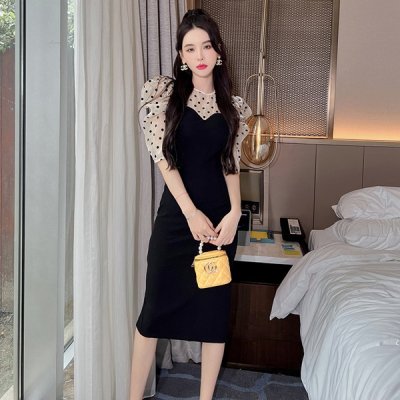 韓国ワンピース❤ドット柄シアー袖の可愛いお嬢様系タイトワンピース 964567