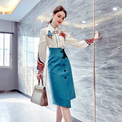 韓国セットアップ❤刺繍入りモダンシャツとハイウエストスカートの可愛い韓国ツーピース 964631