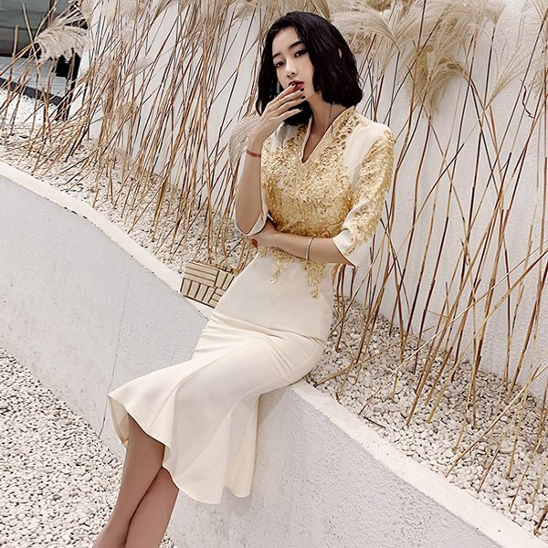 ワンピース ゴールド刺繍がエレガントな可愛い韓国マーメイドパーティードレス|韓国 ワンピース ドレス 通販レディースMarron(マロン)