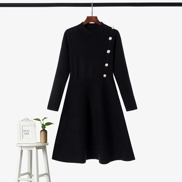 ワンピース サイドパールボタンが清楚な可愛い韓国フレアニット