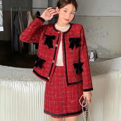 韓国セットアップ❤リボン付きジャケットと台形スカートの可愛い韓国ツイードツーピース 964883