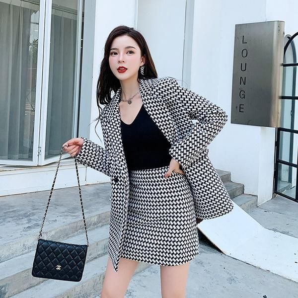 千鳥格子 セットアップ ジャケット ミニスカート 上品 韓国 セットアップ 千鳥格子柄ジャケットとミニスカートの可愛い韓国