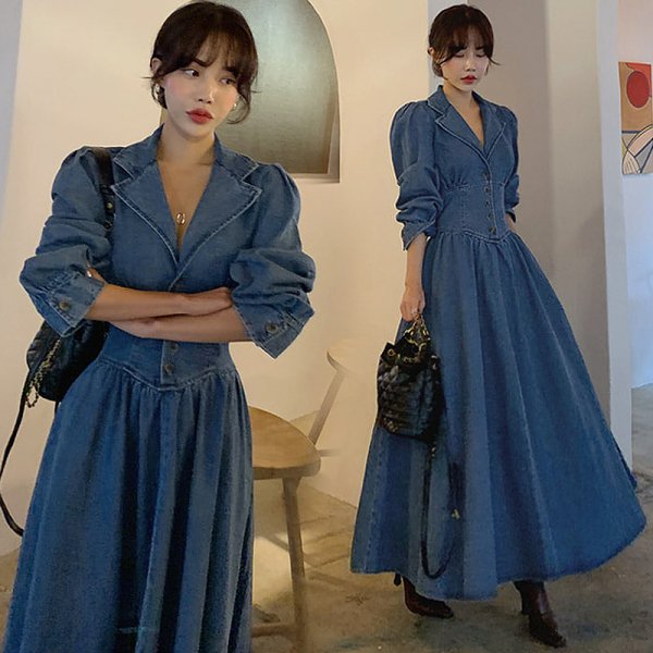 レディース デニム ロング ワンピース 韓国 海外 ドレス 刺繍