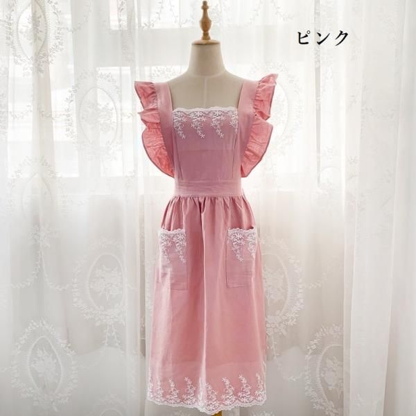 エプロン フリルと刺繍が可愛いガーリーエプロン|韓国 エプロン フリルと刺繍が可愛いガーリーエプロン|韓国