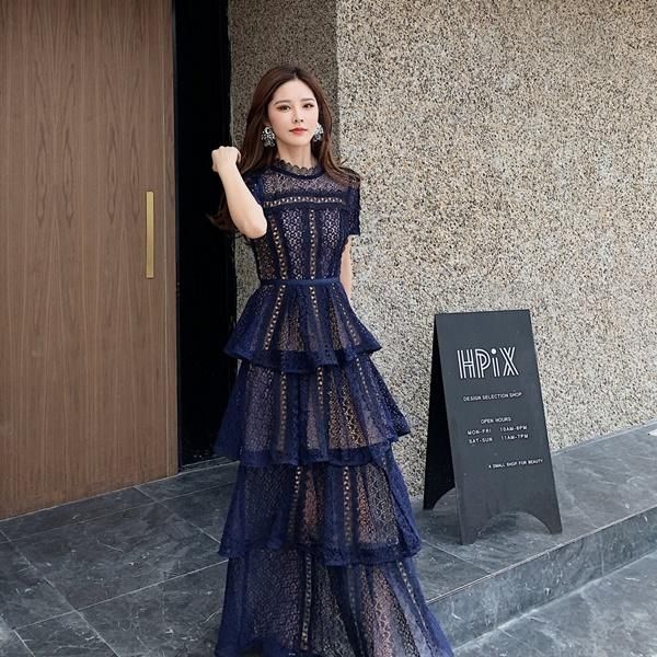 韓国　レース　ティアード　ドレス　ワンピース　ネイビー　半袖 T03765EW00040_fw_thumbM.jpg