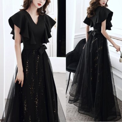 韓国ワンピース❤エレガントな装いの可愛い韓国ブラックロングドレス 965254