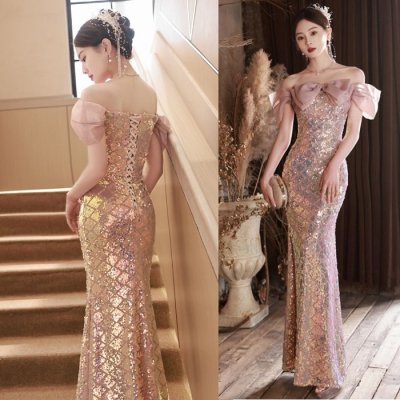 韓国パーティードレス❤スパンコールデザインの可愛い韓国お袖付きイブニングドレス 965378