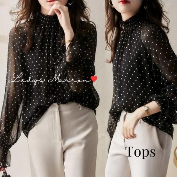 トップス シアー袖の可愛い韓国ドット柄シフォンブラウス|韓国