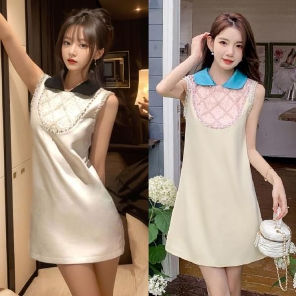 ワンピース スパンコールとビジュー付きの可愛い韓国ミニドレス