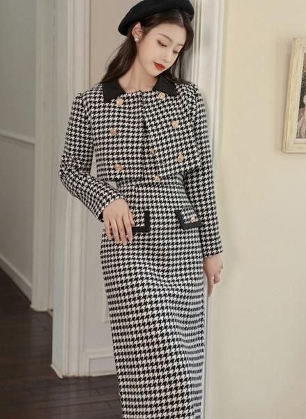 セットアップ 千鳥格子 ジャケット ワンピース 長袖 韓国 SALE セットアップ ショート丈ジャケットとワンピースの可愛い韓国