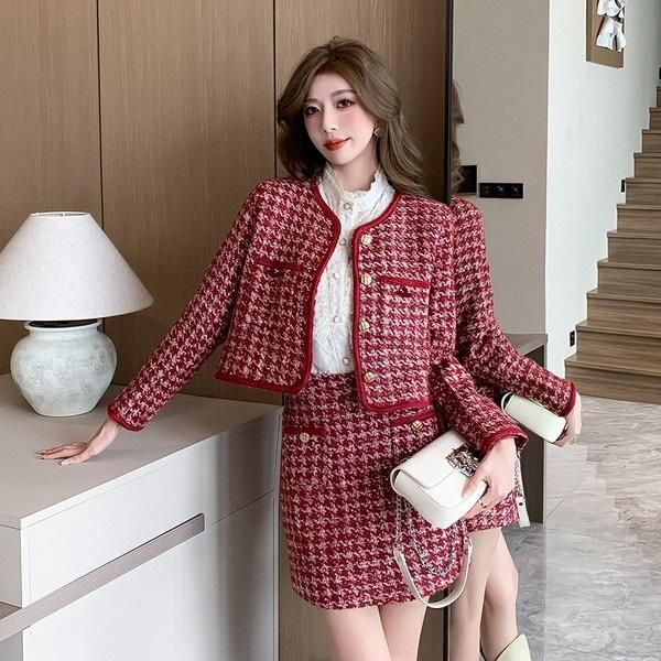 ショート ジャケット スカート 千鳥格子 甘め セットアップ 韓国 org.jpg
