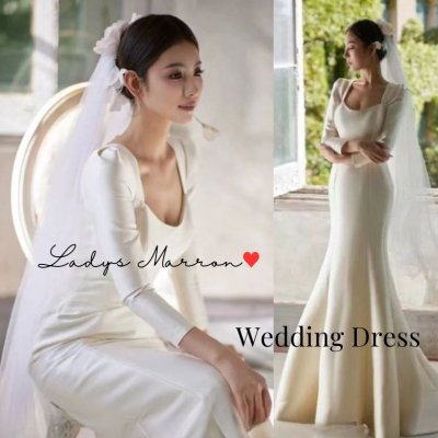 韓国ロングドレス❤高級感あるサテン生地の可愛い韓国お袖付きマーメイドウェディングドレス 965788