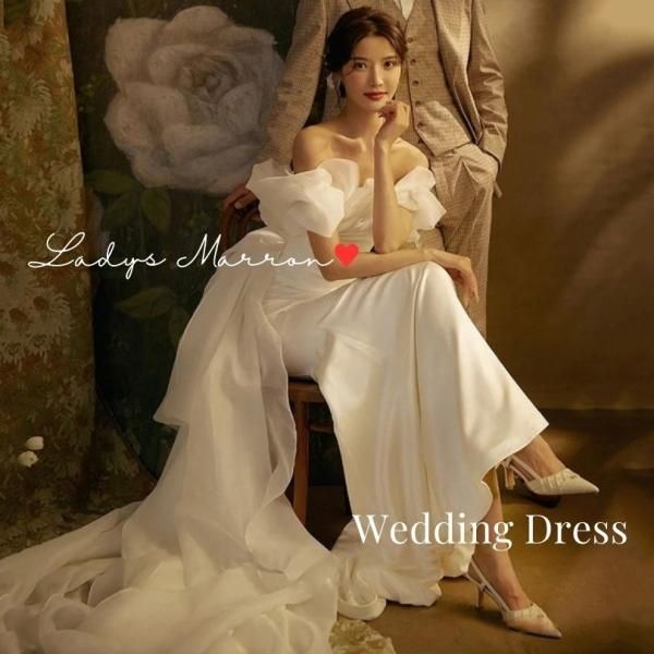 パーティードレス ホワイト エレガント ロング 結婚式 韓国 ウェディングドレス ロング丈 無地 上品 パーティー 結婚式 韓国