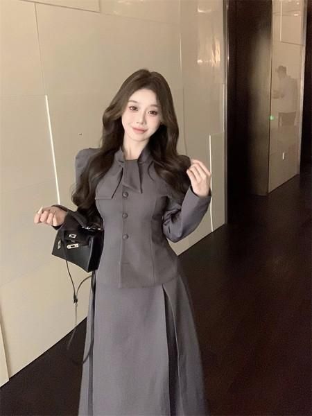 セットアップ ワンピース ジャケット グリーン ロング 韓国 セットアップ ジャケット ワイドパンツ 千鳥格子 オフィス 韓国