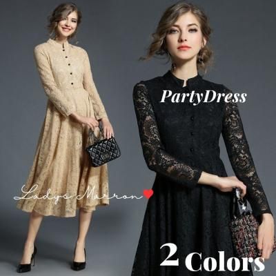 韓国パーティードレス❤マオカラーの可愛い総レースロングワンピース 966710