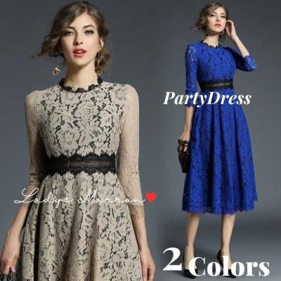 韓国パーティードレス❤ウエスト切替の可愛い花柄レースロングワンピース 966713