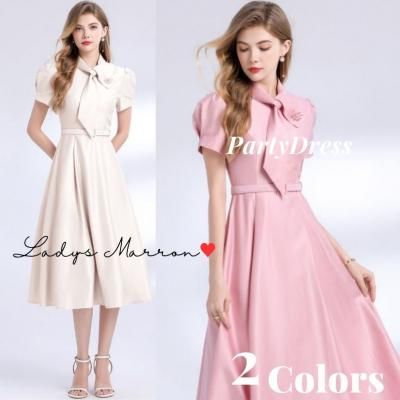 韓国パーティードレス❤ネックタイの可愛いパフスリーブロングワンピース 966714