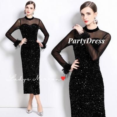 韓国パーティードレス❤お袖のファーがエレガントな可愛いスパンコールタイトドレス 966716