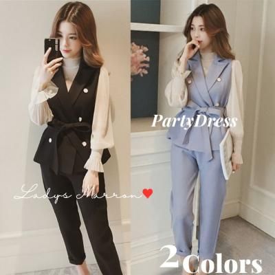 韓国パーティードレス❤ブラウスとベストとクロップドパンツの可愛いパンツドレス 966722