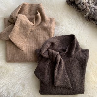 Tie neck wool knit sweater - Brown