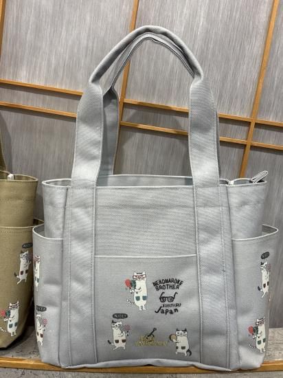 25-8012ねこまるけ4ポケットマチトートバッグ(グレー/カーキ 25-8012ねこまるけ4ポケットマチトートバッグ(グレー/カーキ