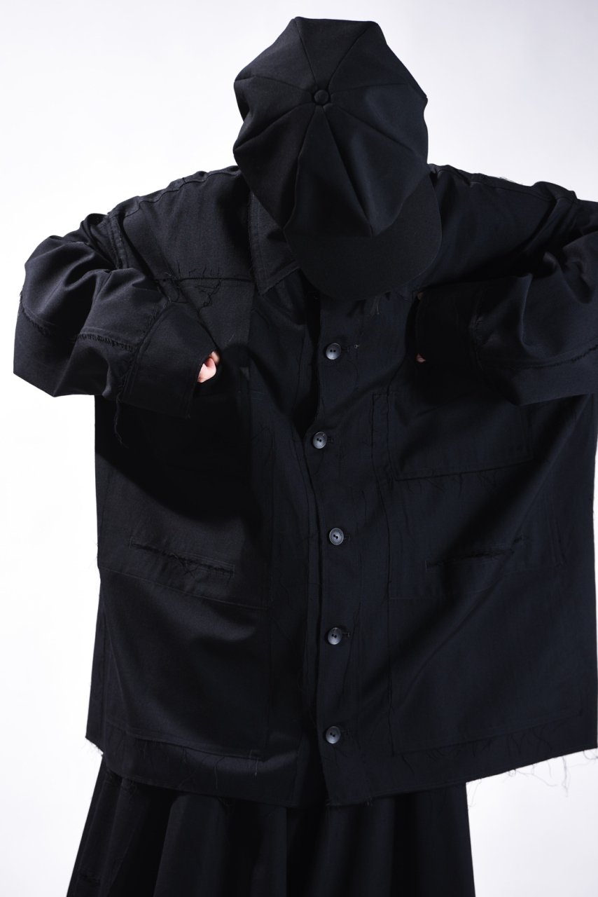 Wool Gabardine Cut Off Jacket with Damage Pocket black - BISHOOL