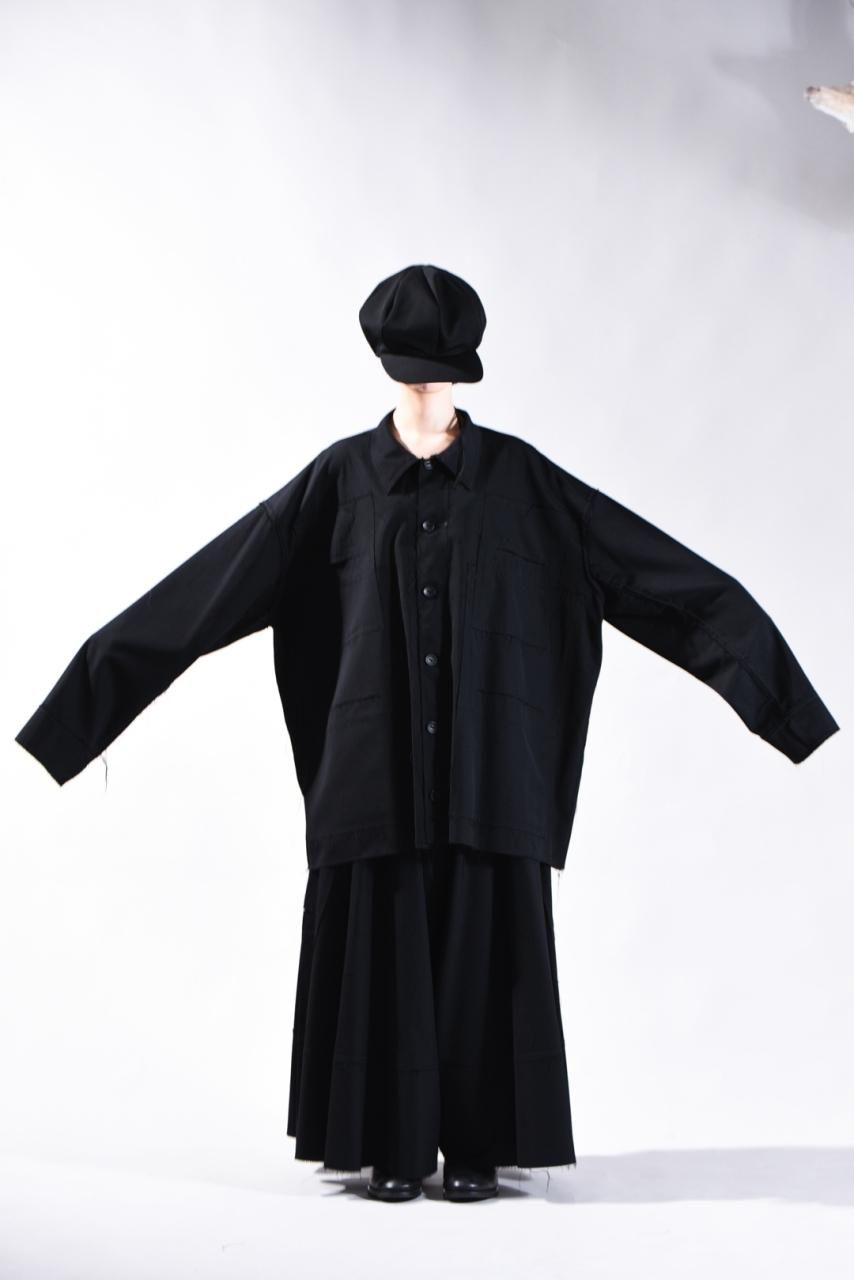 Wool Gabardine Cut Off Jacket with Damage Pocket black - BISHOOL