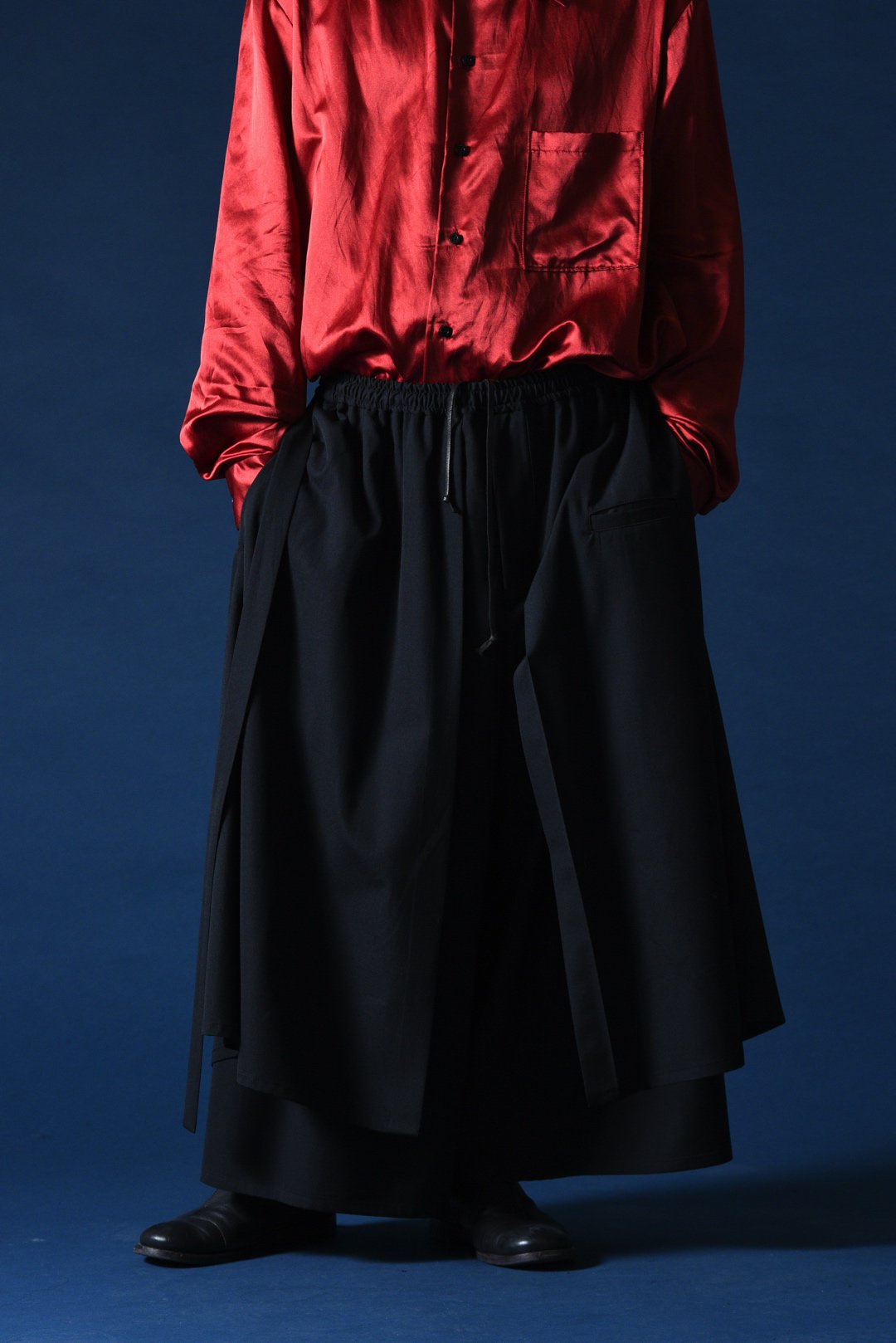 Wool Gabardine Layered 袴 Pants black - BISHOOL