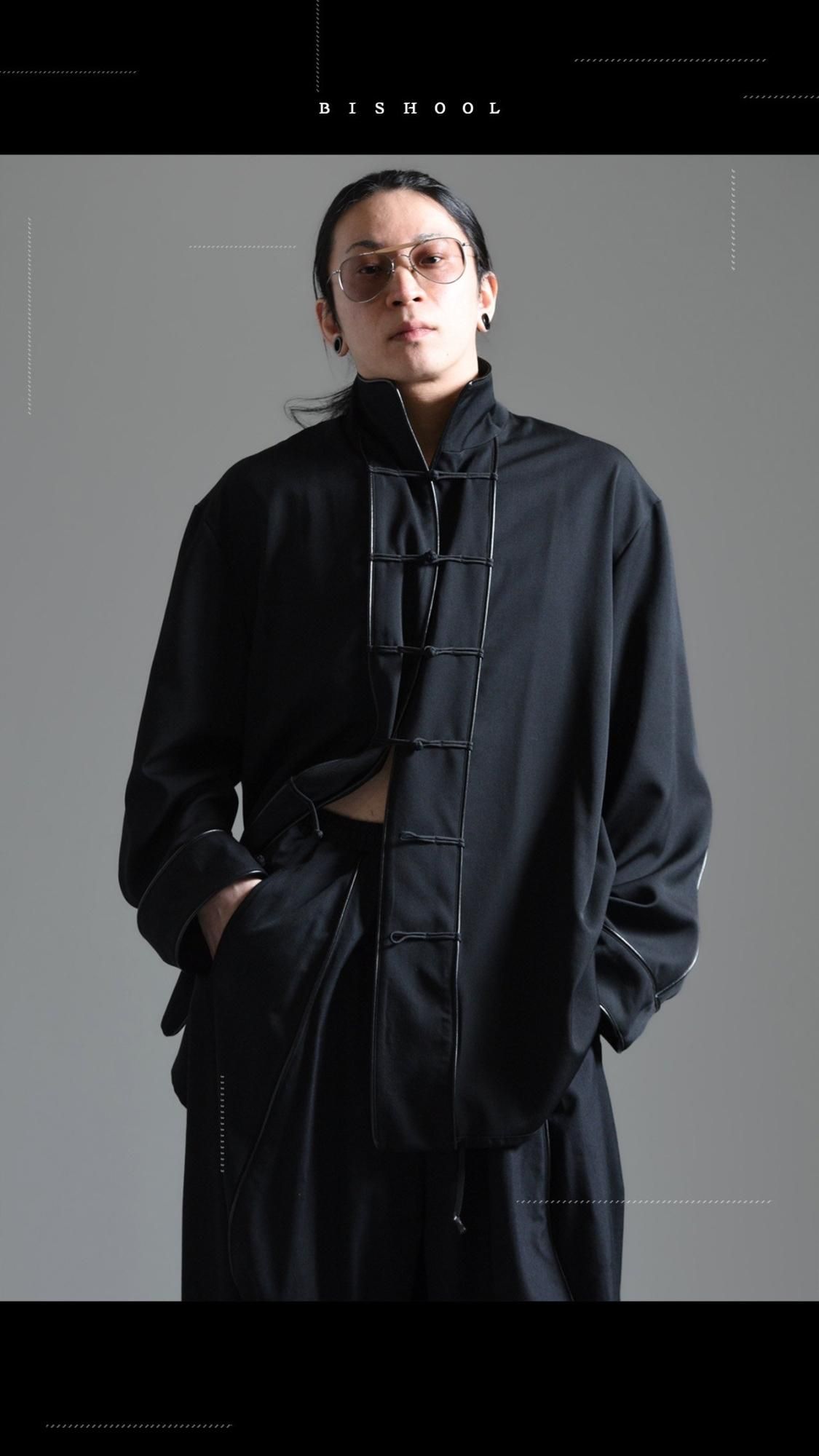 Wool Gabardine Leather Piping Solid Pants - BISHOOL
