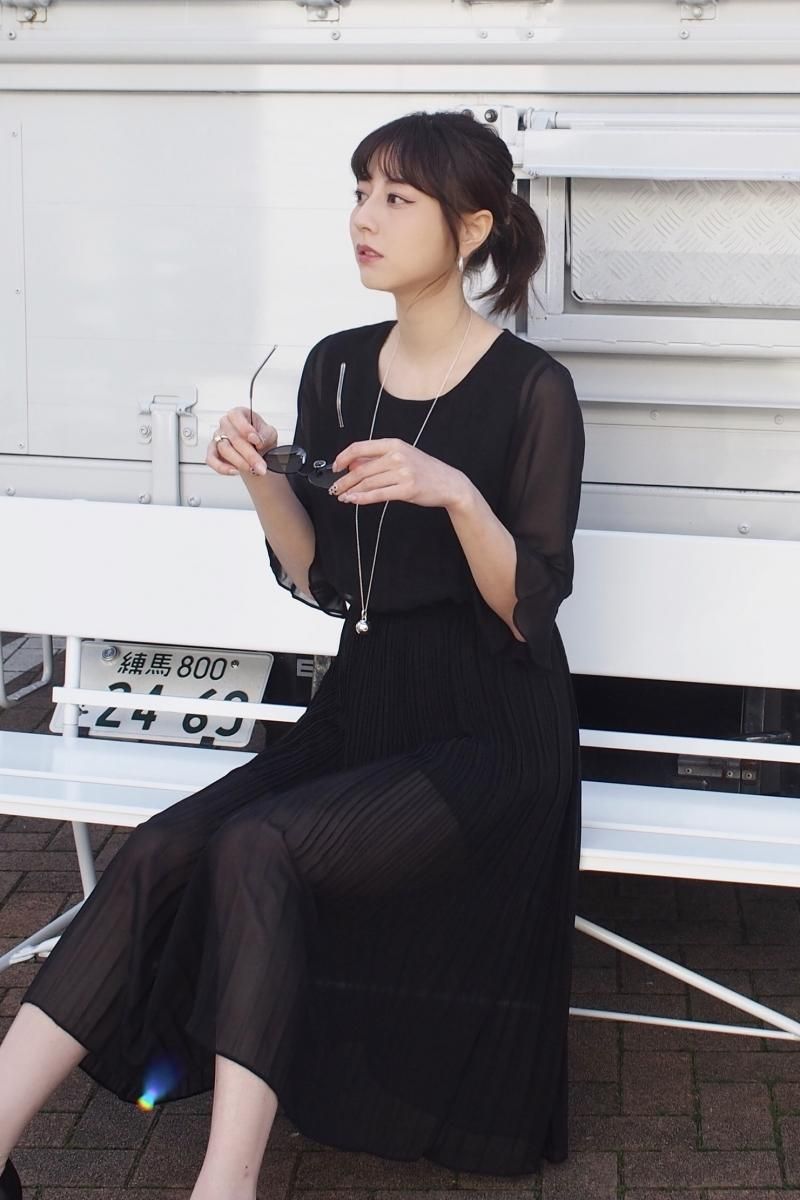 在庫わずか◆self-portrait ツイード×シフォン プリーツ ドレス Presale!30%OFF! 杉本有美着用 シフォンプリーツドレス【BK】