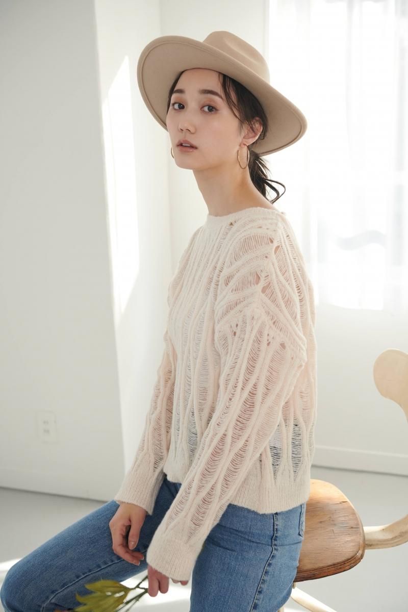 鈴木友菜着用 シアー編みニット【BE/BL全2色】