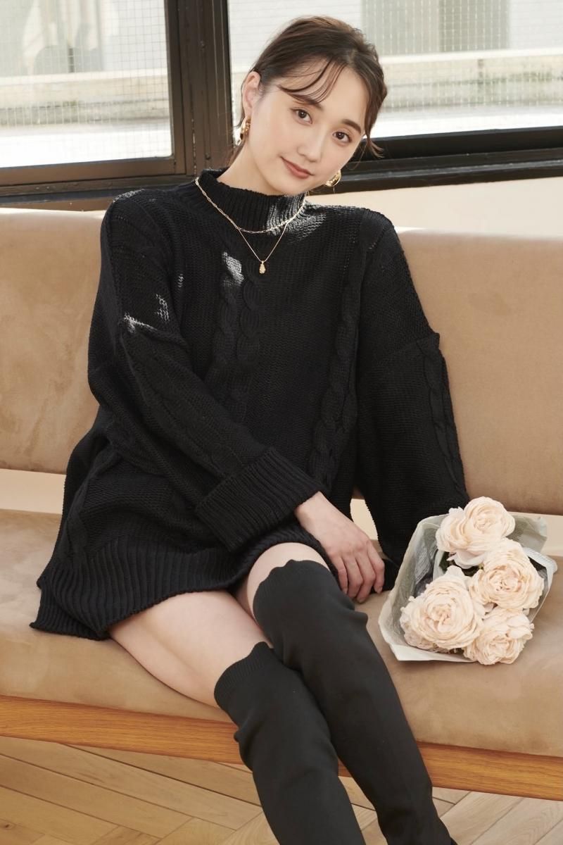 鈴木友菜着用 ドロップショルダーケーブルニット【BK】 鈴木友菜着用 ドロップショルダーケーブルニット【BK】