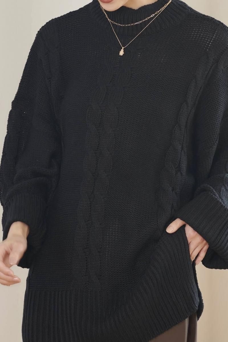 鈴木友菜着用 ドロップショルダーケーブルニット【BK】