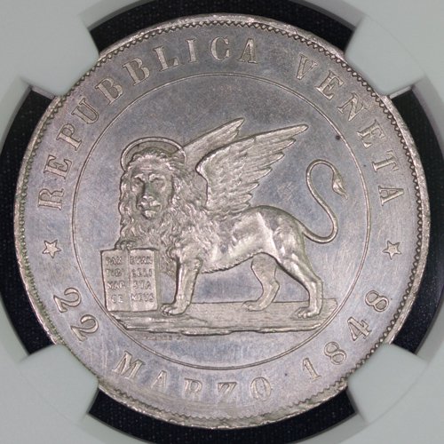 イタリア Italy ヴェネツィア Venice 革命共和国 5リラ銀貨 1848年V NGC UNC DETAILS