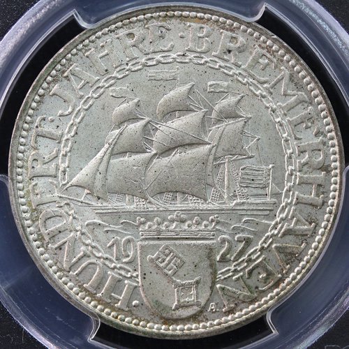 ドイツ Germany ブレーマーハーフェン100周年 5マルク銀貨 1927年 PCGS 