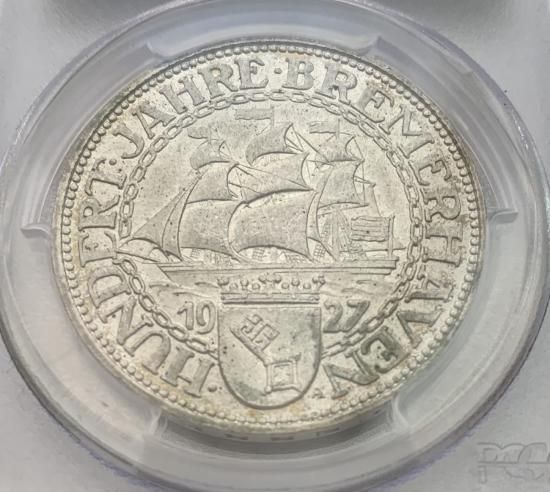 ドイツ Germany ワイマール ブレーマーハーフェン100周年 5マルク銀貨 1927年 PCGS MS65