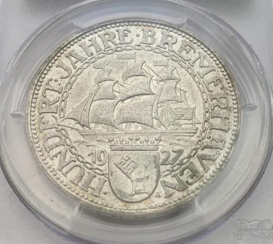 ドイツ ブレーマーハーフェン100周年 100th Anniversary Of Bremerhaven Germany Weimar Republic 5マルク銀貨 1927年 Pcgs Ms65