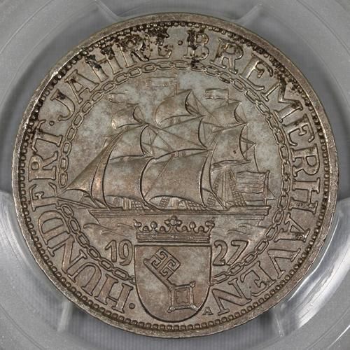 ドイツ Germany ワイマール ブレーマーハーフェン100周年 3マルク銀貨 1927年 Pcgs Ms62 ドイツ Germany ワイマール ブレーマーハーフェン100周年 3マルク銀貨 1927年 Pcgs Ms62