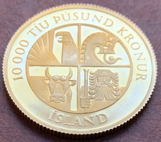 アイスランド Iceland 定住1100年記念 10000クローナ金貨 プルーフ 1974年
