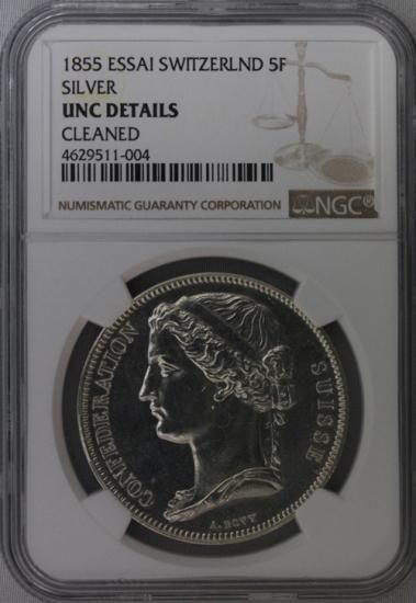 スイス Switzerland ジュネーブ 5フラン銀貨 ESSAI 1855年 NGC UNC DETAILS
