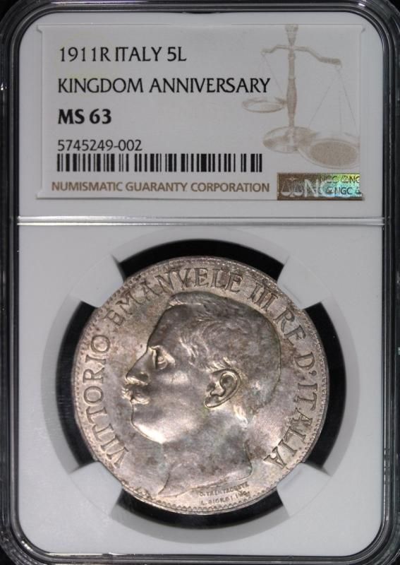 イタリア 5リラ 1877年 銀貨 PCGS XF45 c2103