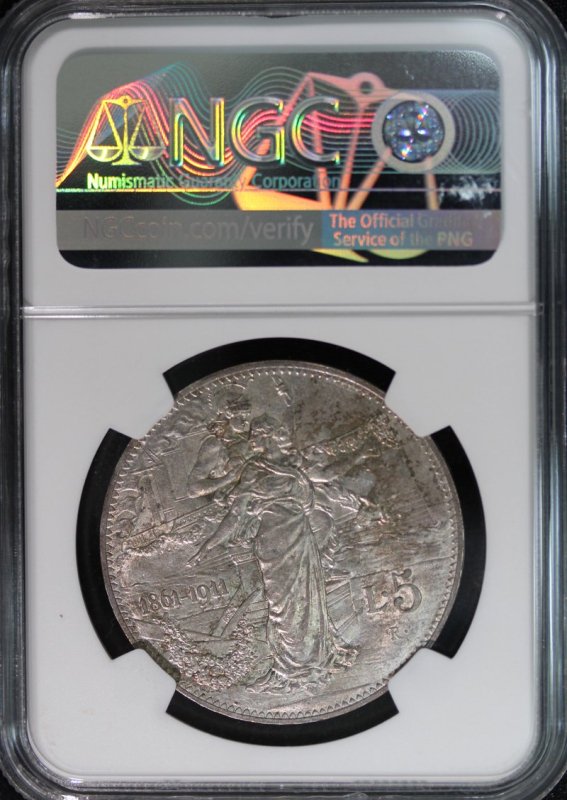 イタリア Italia ビットリオ エマヌエレ3世 イタリア王国50周年記念 5リラ銀貨 1911年R NGC MS63