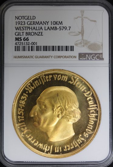 ドイツ Germany ウェストファーレン シュタイン 1万マルク緊急貨 ノートゲルト 1923年 NGC MS66