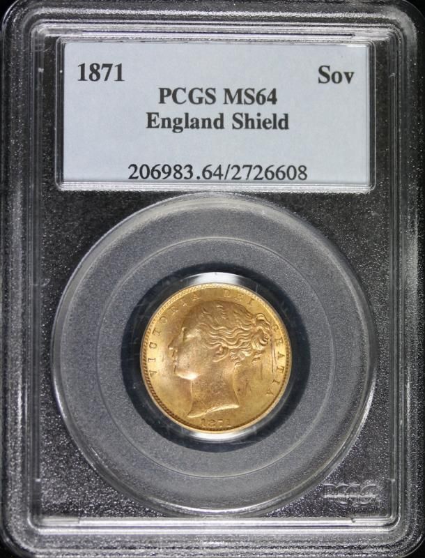 1871 イギリス ヴィクトリア女王 ソブリン金貨 PCGS MS62 1871 英国 ヴィクトリア女王 ヤングソブリン 1ポンド（1ソブリン