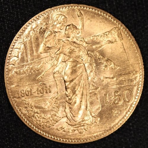 イタリア Italy ビットリオ エマヌエレ3世 イタリア王国50周年記念 50リラ金貨 1911年