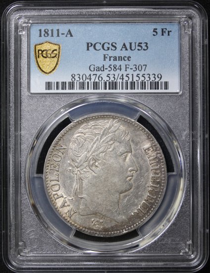 フランス France ナポレオン1世 月桂冠 5フラン銀貨 1811年 PCGS AU53