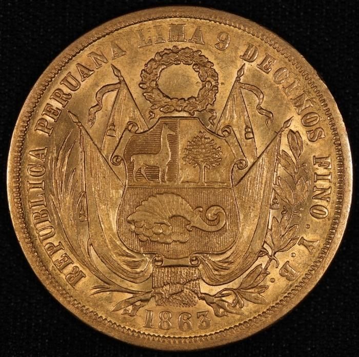 ペルー Peru 女神座像 20ソル金貨 1863年 単年度発行