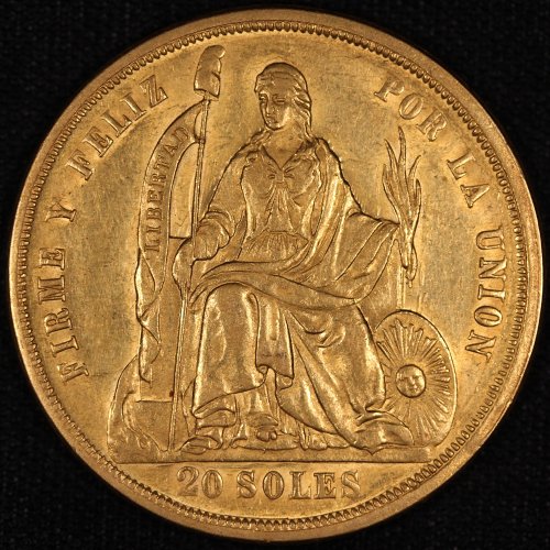 ペルー Peru 女神座像 20ソル金貨 1863年 単年度発行