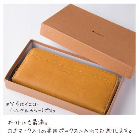 バイカラーのヌメ革財布 オレンジ/イエロー ラウンドファスナー